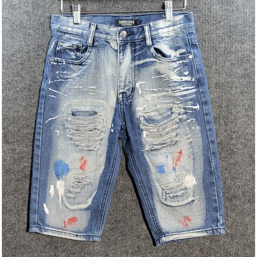 Sacred Crown Black Premium Boys Distressed Denim Shorts Paint Splatter 14 Blue